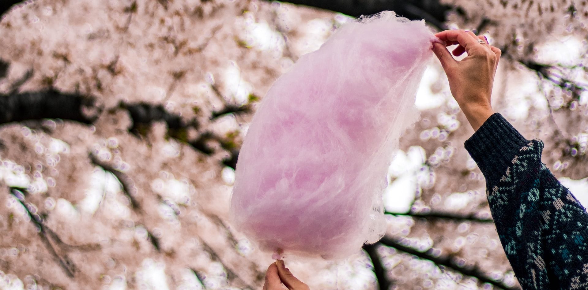 A woman picks a piece of pink cotton candy